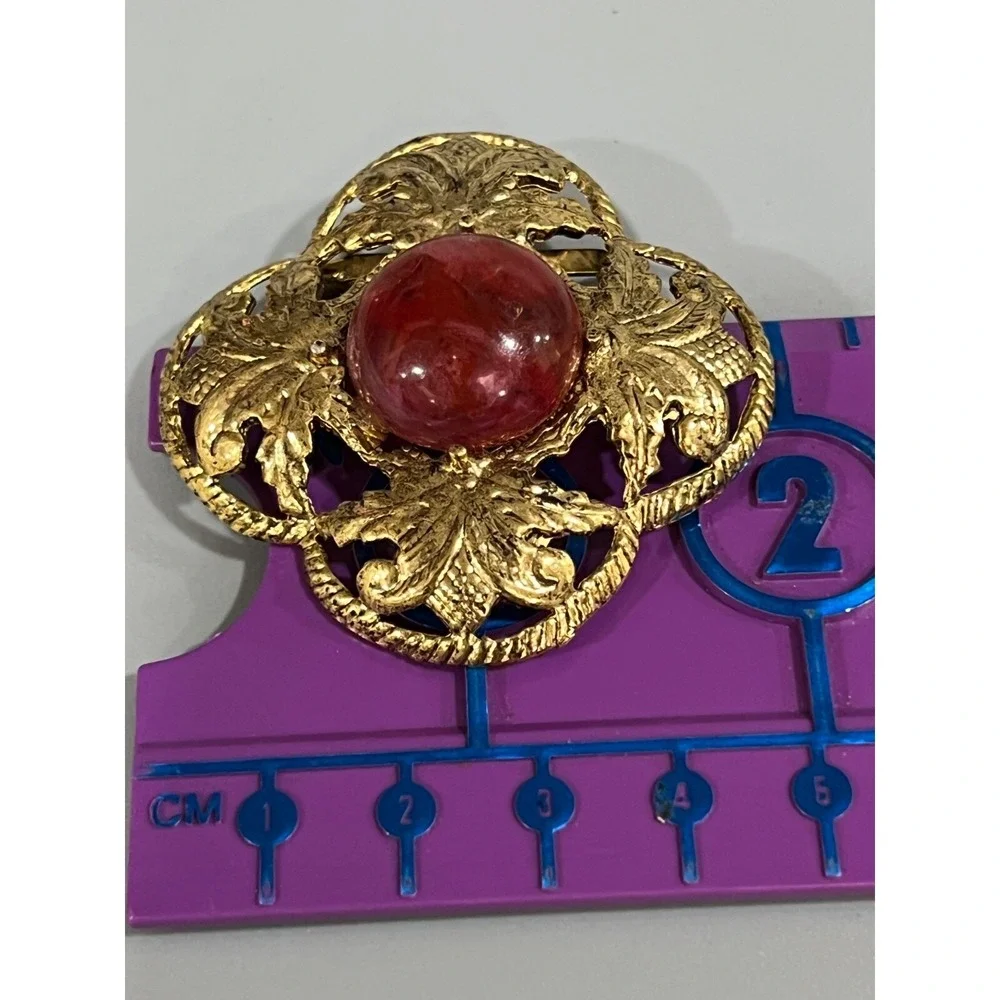 Vintage Leaf Pin Brooch with Red Cabochon